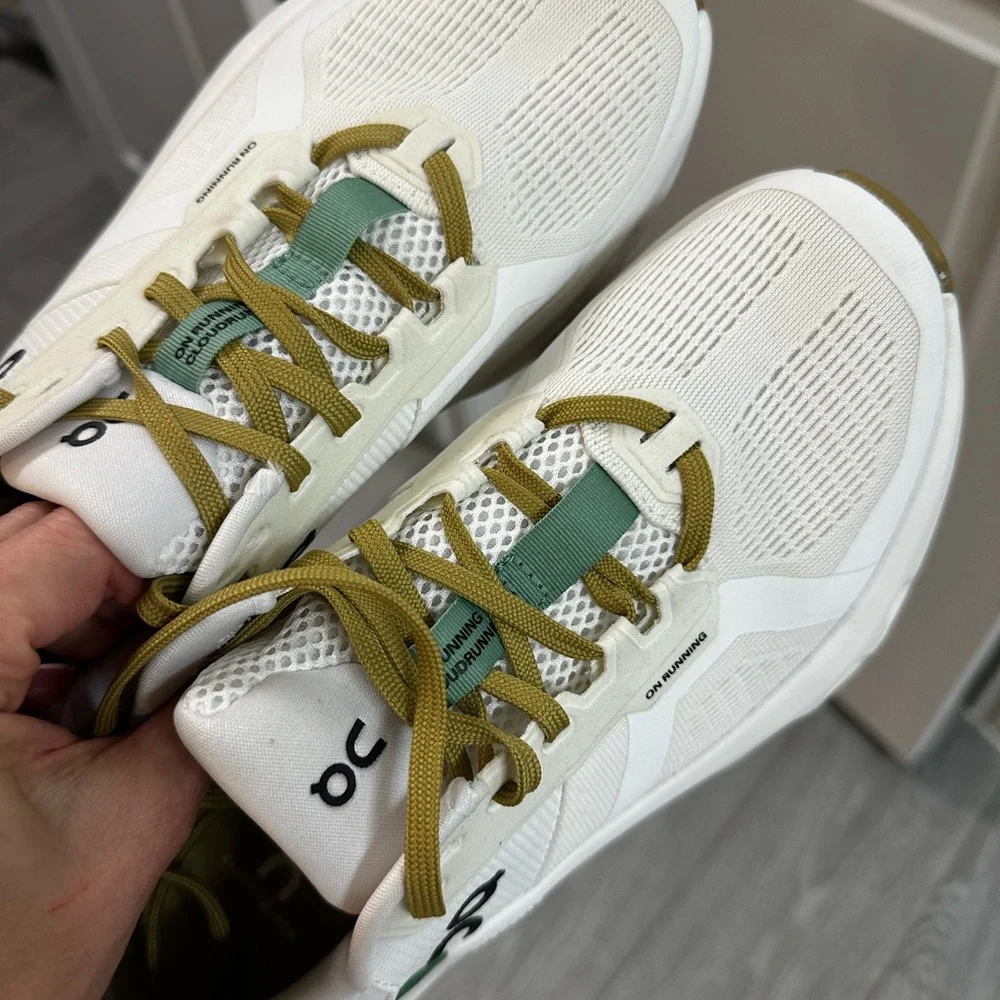 On Running White Sneakers with Green and Tan Accents - Picture 2 of 4